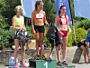 Seierspall kvinner på Norges Raskeste 5km. Fra venstre: nr.2 Grete K. Mørk, IL Sturla, vinner Ida Bergsløkken, Vidar og nr.3 Marie Aure, Vidar Foto: Arrangøren