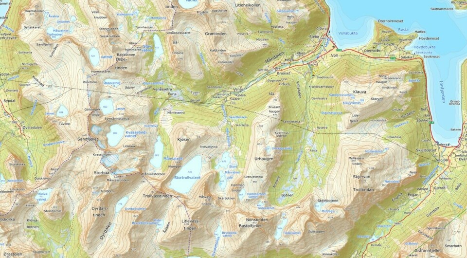 Ola Hovdenak og Johanna Åstrøm vant Moon Valley 7 Lakes Run i Måndalen Måndalen_kartutsnitt_Norgeskart.jpg