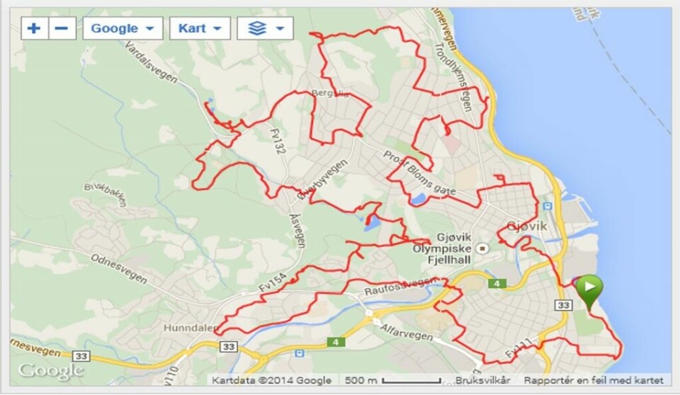 GPS-spor fra turen på kryss og tvers i Gjøvik på jakt etter 65 stolpeposter GPS-spor fra turen på kryss og tvers i Gjøvik på jakt etter 65 stolpeposter