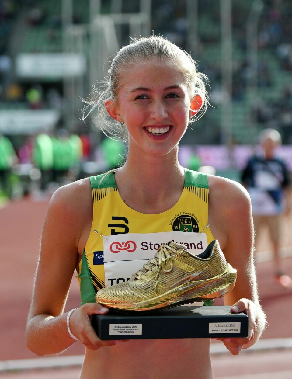 Wilma Bekkemoen Torbiörnsson slettet den norske U20-rekorden på 3000 m innendørs fra i 1987. Både i 2023 og 2024 ble hun kåret til årets beste kvinnelige juniorløper. (Arkivfoto: Bjørn Johannessen) Bislett Games 2024 - gullsko BEKKEMOEN TORBIÖRNSSON Wilma Anna