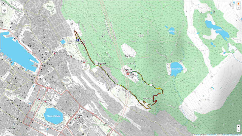 Starten gåri Fjellveien ved 'Hesten trenger hvile' , og mål er ved utsikten fra Fløibanens øvre stasjon.