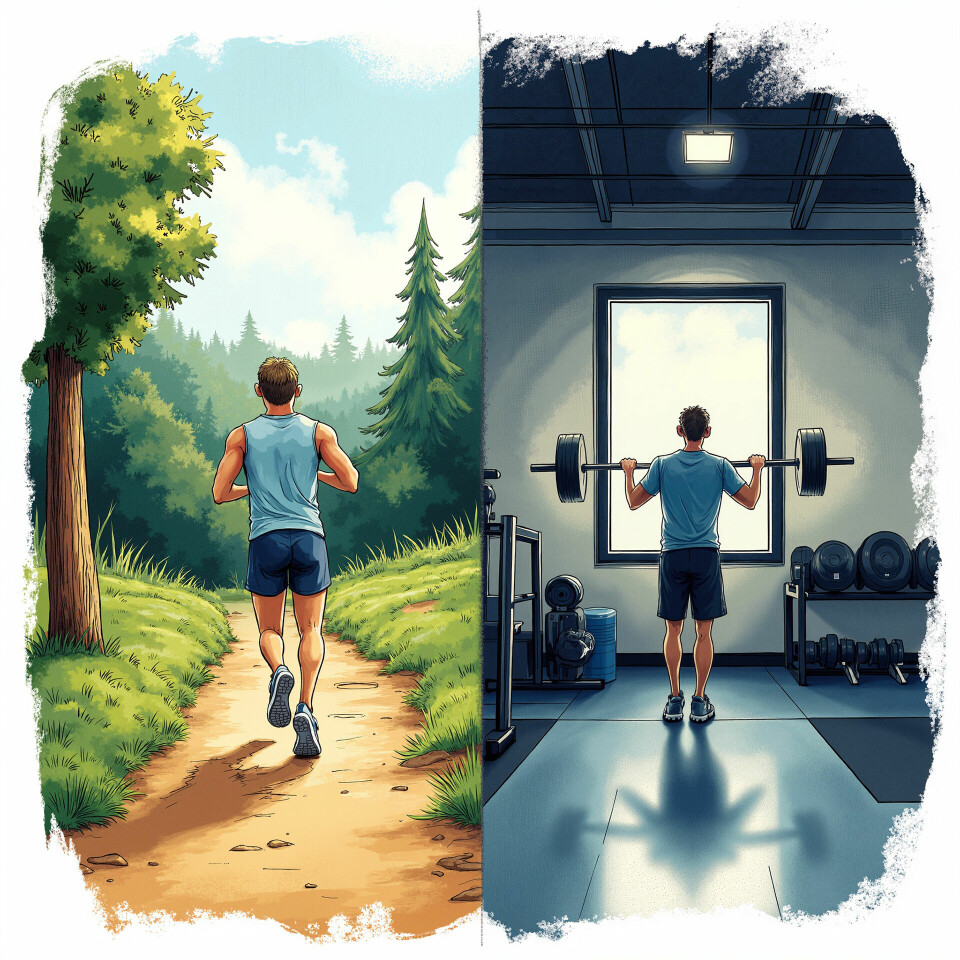 Kondisjonstrening er bedre enn styrketrening dersom du ønsker å leve lengst mulig, men en kombinasjon av disse to er det aller beste. (Illustrasjon: Bjørn Johannessen / Kunstig Intelligens)