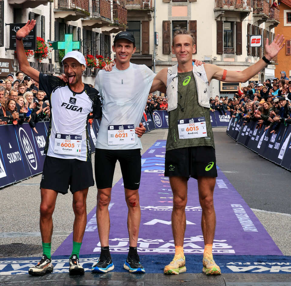 De tre beste menn på OCC: Jim Walmsley (midten) vant foran Cristian Minoggio (venstre) og Andrzej Witek (høyre).