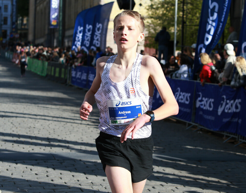 Andreas Haugen Torjussen vinner yngste klasse 12-13 år på 16:34, dagens 15. beste tid. (Foto: Kjell Vigestad)