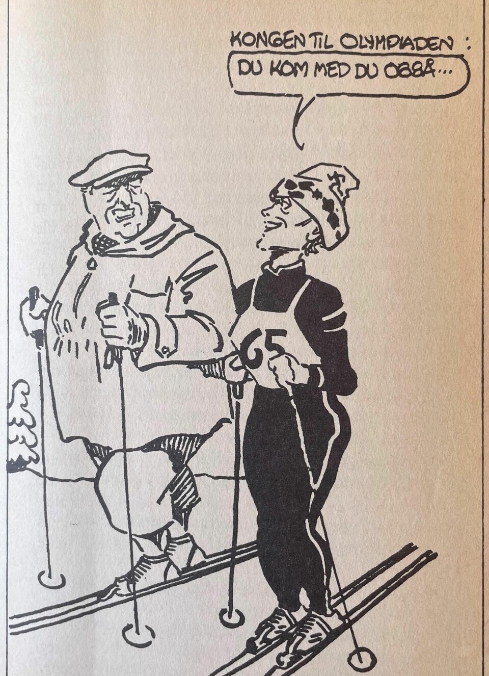Kongelig selskap: Tegningen er fra Erling Borgens bok «Anette». Tegner er ukjent. Kong Olav og Anette Bøe