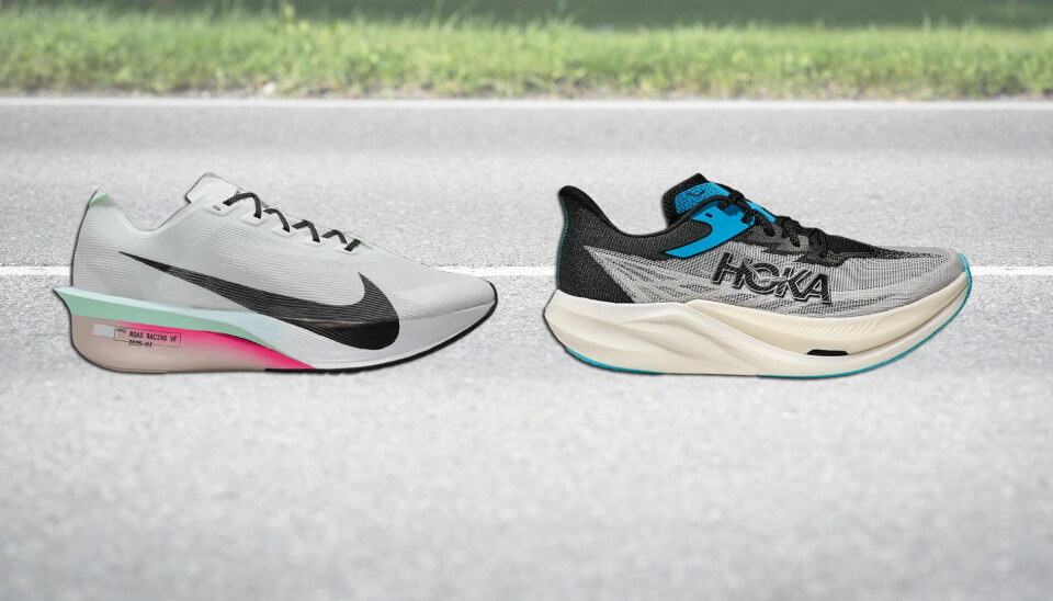 Nike Vaporfly 4 (t.v.) satser alt på respons og aggressiv geometri, mens Hoka Rocket X3 (t.h.) kombinerer komfort og stabilitet med konkurranseklar ytelse.