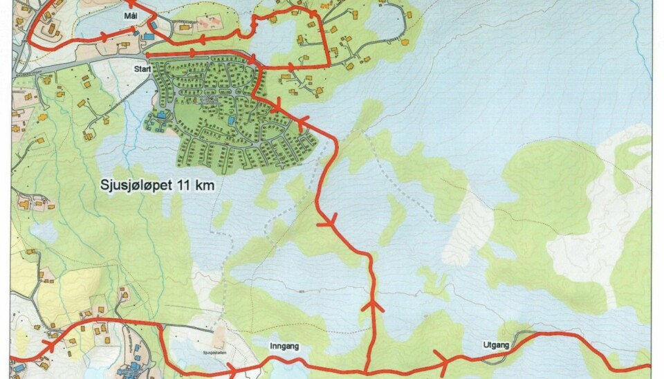 Løypekart Sjusjøløpet utgang-inngang 11 km. sjusjøløpet sjusjøvannet rundt