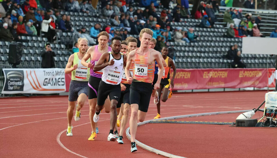 Narve Gilje Nordås og Awet Kibrab skal begge prøve seg på den norske rekorden på 10 km i Grue lørdag. En rekord som Narve selv innehar på 27:31. Her fra 3000 m i Trond Mohn Games på Fana Stadion 3. juni.