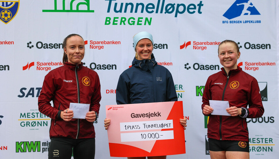 Premiepallen for kvinner i Tunnelløpet 2025: Karoline Harnes Mongstad, Kristine Dommersnes og Anzu Lovise Kvam