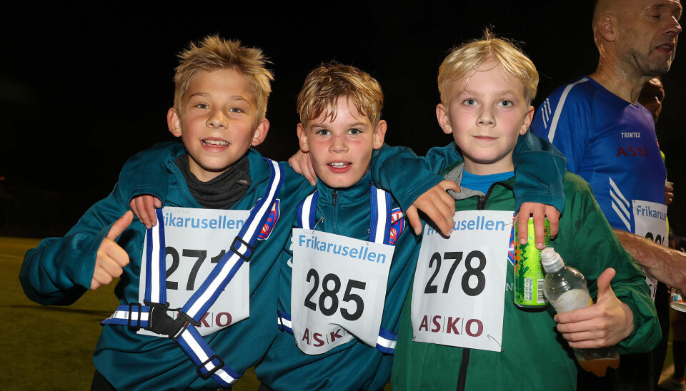 Denne gangen var det mange unge løpere fra fotballgruppen til arrangørklubb Fri IL. Her er Aleksander Zielinski, Samuel Skjelbred og Patrik Gjersvik Amble.