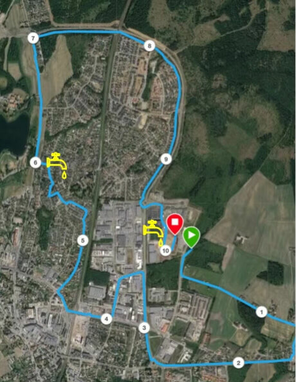 Løypekart for Jessheim Vintermaraton 2025: For distansene 10 km, halvmaraton og maraton løpes det runder i hovedløypa som er ca. 10 km lang. Traseen går på gangsti og på vei.