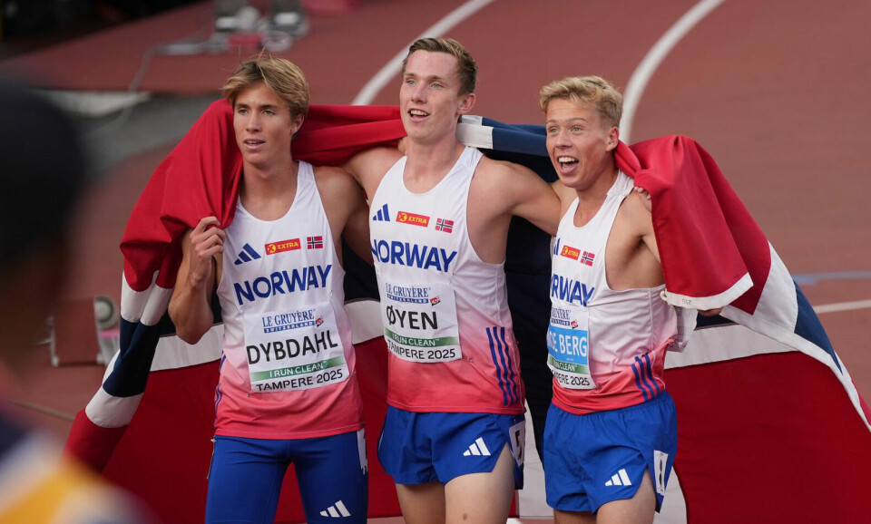 De tre norske deltakerne i finalen på 1500 meter: Andreas Dybdahl, Magnus Øyen og Håkon Moe Berg. (Foto: Einar Børve)