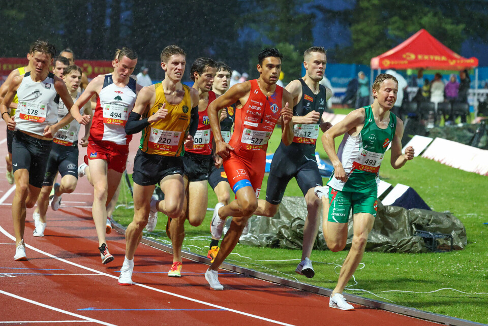 Høydepunkt:I finalen på 1500 m i NM friidrett i fjor var det med hele seks utøvere fra treningsgruppa til Ola Sakshaug. Deriblant Håkon Moe Berg (493), Kristoffer Sagli (527) og Magnus Øyen (494). (Foto: Arne Dag Myking)