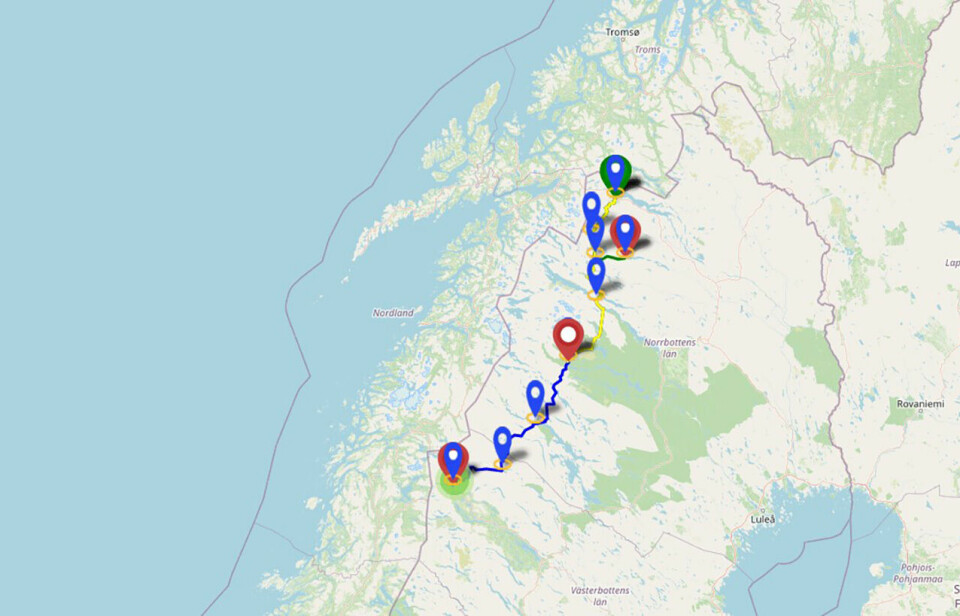 Det er en solid løype som er tilbakelagt - i vinterlig natur. (skjermdump spine.extrac.uk)