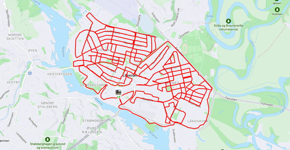 Slik ser Stravakartet ut etter at Ida Slorafoss har svingt seg opp og ned gjennom samtlige gater i Lillestrøm. (Skjermdump Strava)