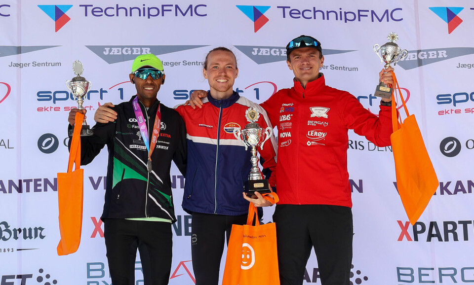 Premiepallen menn halvmaraton: Frew Zenebe Brkineh, Marius Garmann Sørli og Markus Loftås.
