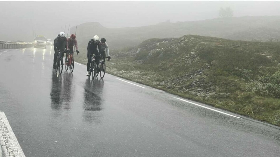 Her er tetgruppen på vei opp Sognefjellet: Magnus Brandseth, Mikael Johansen, Sedrik Ullebø, David Riiber og Anders Bjørgeengen, (Foto: arrangørens FB-side)