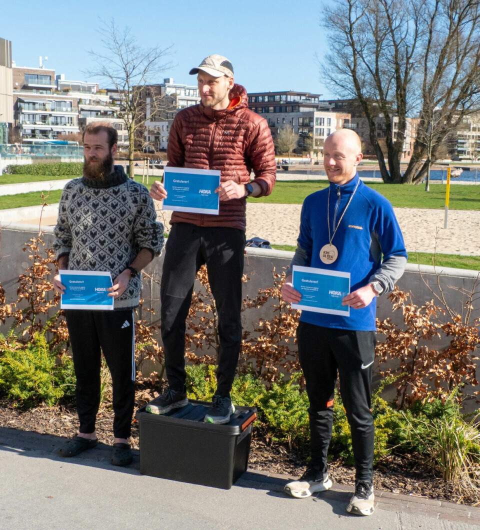 Steffen Brufladt (midten) vant 60 kilometeren foran Truls Klungland (til venstre) og Emil Folkvard Bråthen. (Foto: Svein Erik Bjorvand / KRSUltra)