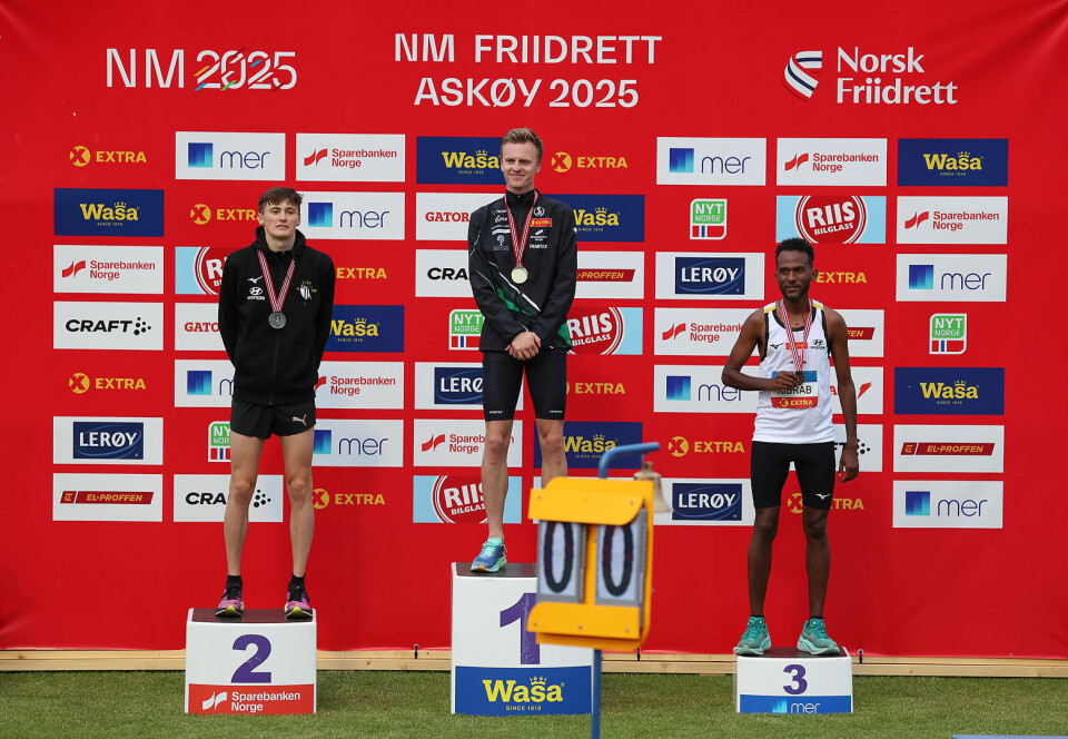 Premiepallen for menn 5000 meter i NM: Magnus Tuv Myhre, Narve Gilje Nordås og Awet Kibrab.