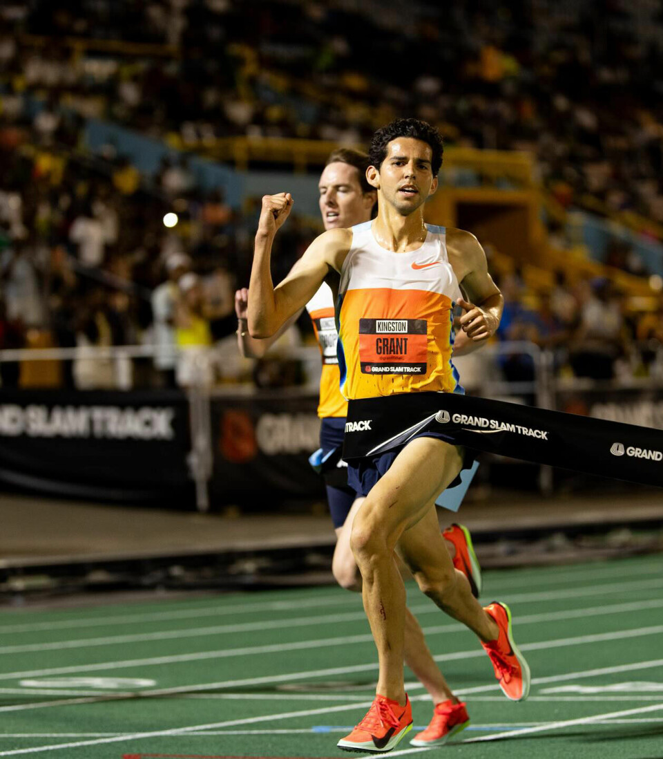 Grant Fischer la grunnlaget for sammenlagtseieren da han spurta ned sin landsmann Cooper Teare på 5000 meteren. (Foto: Grand Slam Track)