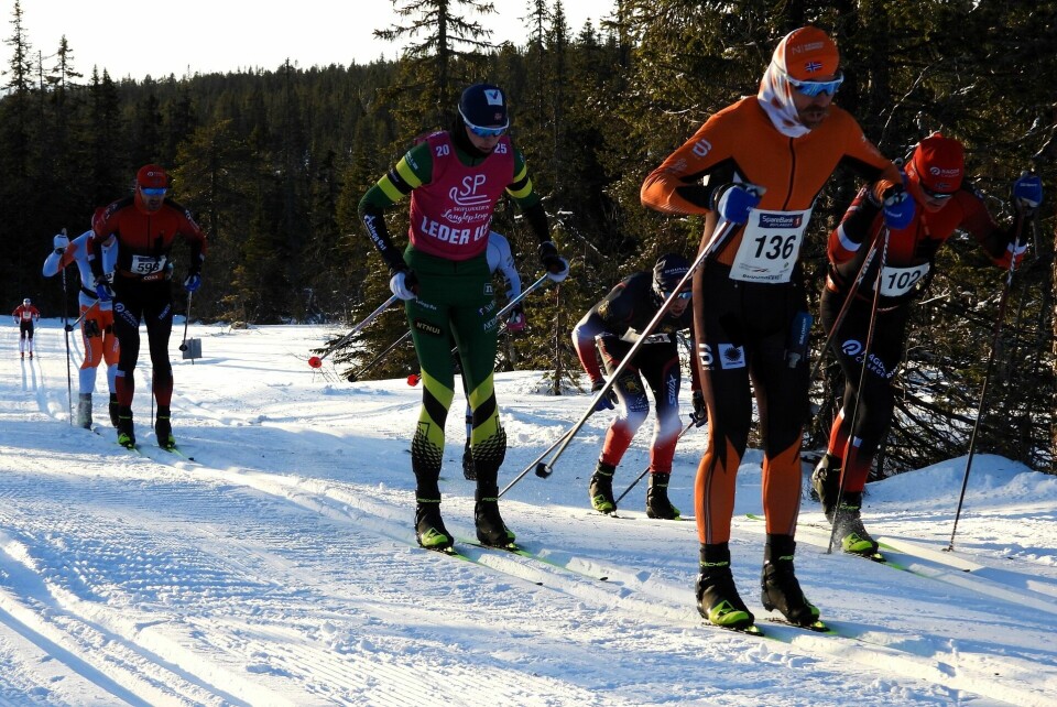 Henning Lie (136) viser vei fra start i kjente løyper foran Erik Ola Jorde og side om side med Johan Hoel som følges av Karstein Joahaug jr. og Eirik Sverrup Augdal (skjult). (Foto: Stein Arne Negård)