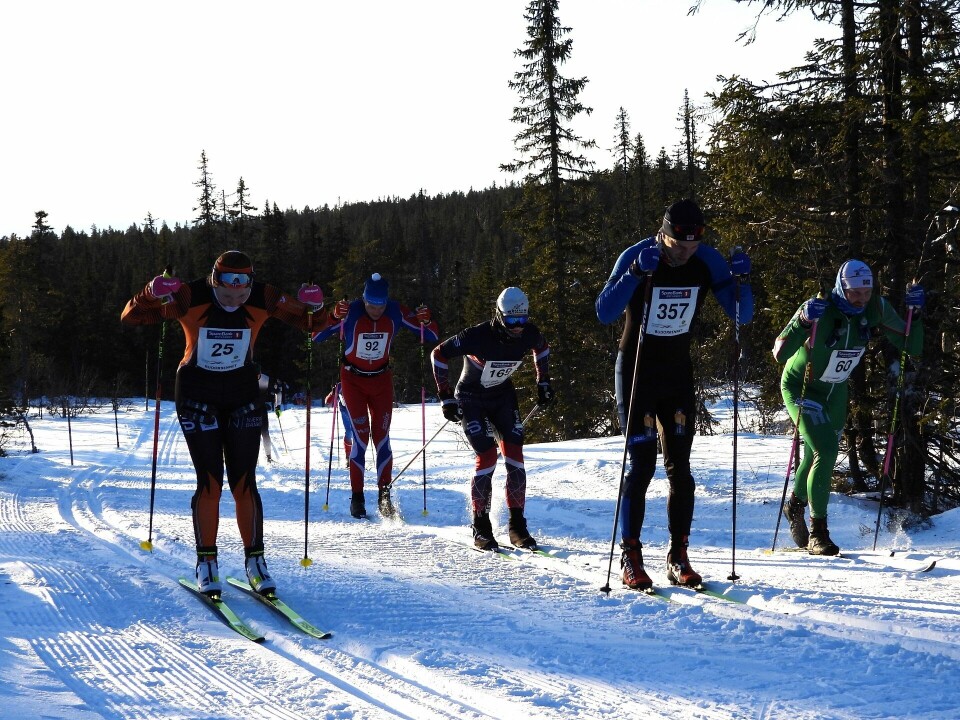 Karen Amalie Nordseth som holdt 2. plassen i hele løpet, staker seg oppover mot Svaen på den første mila. (Foto: Stein Arne Negård)