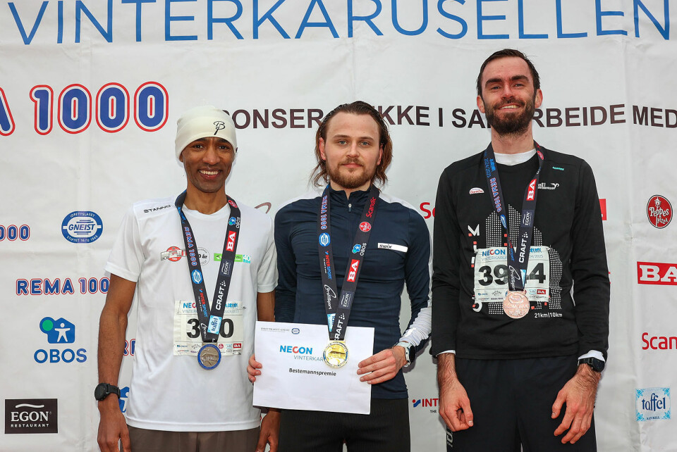 Premiepallen menn 10 km: Abel Deresu Dufera, Stian Benjamin Bråten Johannessen og Håvard Mork Sandvik.