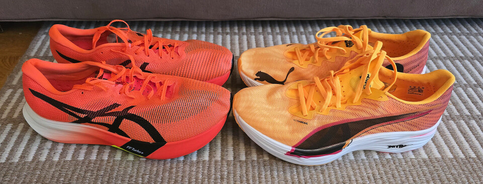 Superskoduell:Hvilken supersko er best? Japanske Asics Metaspeed Edge Paris (til venstre) eller tyske Puma Deviate Nitro Elite 3? (Foto: Sven Kilander) Superskoduell: Hvilken supersko er best? Japanske Asics Metaspeed Edge Paris (til venstre) eller tyske Puma Deviate Nitro Elite 3? (Foto: Sven Kilander)