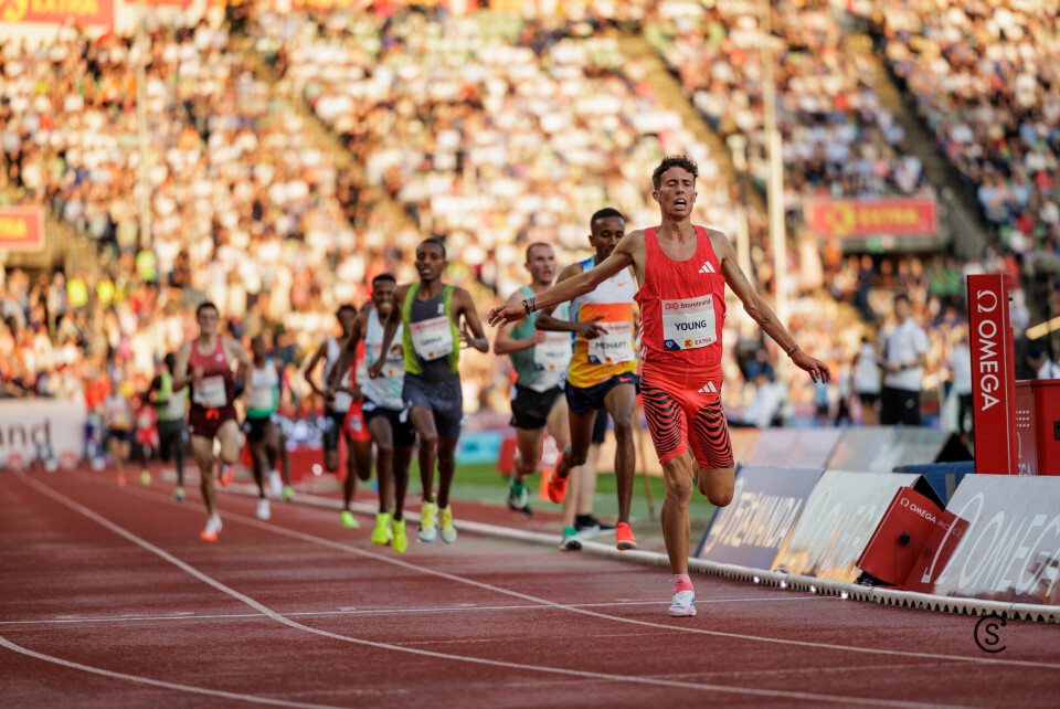Nico Young spurter først i mål på 5000 meter under Bislett Games 2025. (Foto: Sylvain Cavatz)