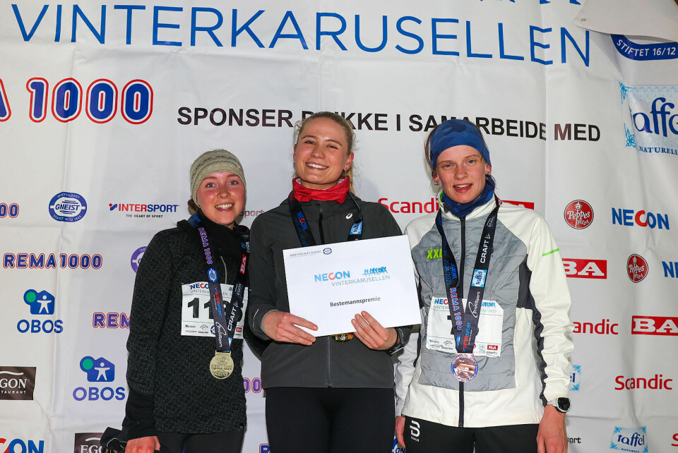 Premiepallen kvinner 5 km: Anna Grove Kristensen, Miriam Emilie Stensland Donovan og Emilie Tømmerås Bentzon.