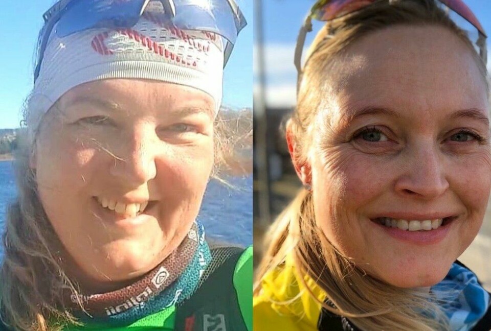Sammen hver for seg: Lise Lysfjord Pettersen (t.v) og Tone Yvonne Killengreen ville holde hverandre med selskap under hvert sitt ultraløp. (Fotomontasje: Privat) Fra Tone Yvonne Killengreens løpetur sammen med mannen Eivind og Lise Lysfjord Pettersen (grønn overdel)