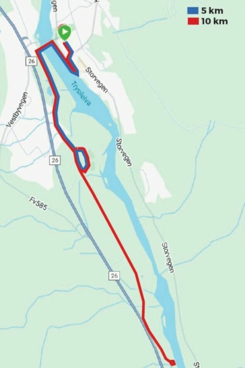5 km går over Kirkebrua og tur-retur Trysil stadion. 10 km har samme ut- og inngang som 5 km. Etter en runde på friidrettsbanen fortsetter milløperne ut på Vestsidevegen og løper videre sydover før de vender og løper samme vei tilbake, med unntak av runden på stadion. (Skjermdump: Trysilløpet)