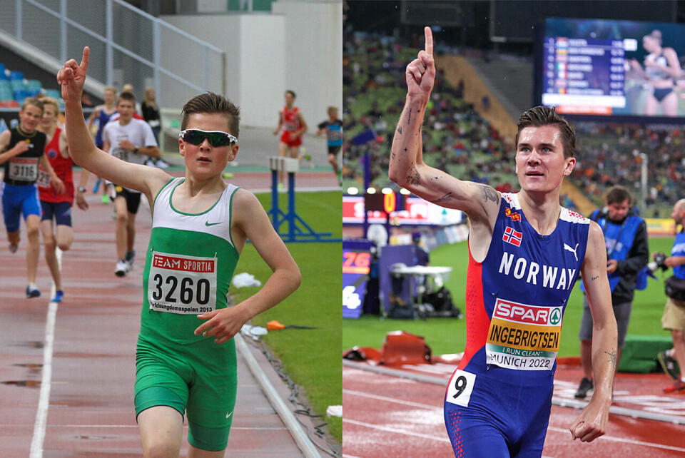 På bildet til venstre vinner Jakob Ingebrigtsen klasse G13 på 1500 meter i Världsungdomsspelen i 2013, på bildet til høyre har han nettopp blitt Europamester på 1500 meter i München i 2022. (Alle foto: Arne Dag Myking) Jakob Ingebrigtsen vinner i 2013 og 2023