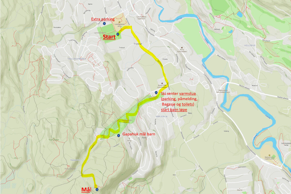 Løypekart for Lommedalen Opp:Løypa er 2,5 km og har 222 høydemeter. Målgang på 370 moh. Konkurranseklasser med tidtaking starter fra Lommedalen skole (øvre grusbane) og løper opp til utsiktspunktet Solgløtt.