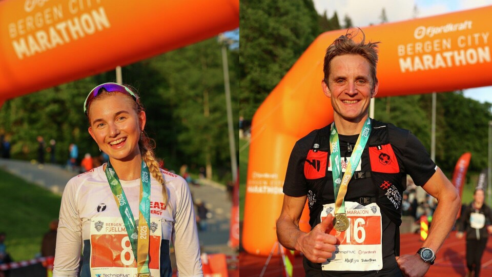 Det var ingen tvil om at Tine Alfstad Olsen og Anders Kjærevik var de raskeste i Bergen Fjellmaraton. (Foto: Arne Dag Myking / Kondis © Kondis) Bergen Fjellmaraton 2025 - Skansemyren -