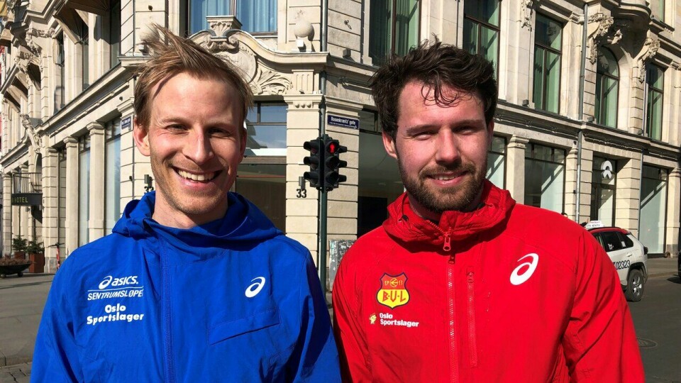 Arrangørar: Dagleg leiar Eirik Tanberg i IL BUL (t.v.) og arrangementsansvarleg for ASICS Sentrumsløpet Simen Wifstad gler seg til å ønskje deltakarane velkomen til ein stor løpsfest i Oslo den 22. april. (Foto: Tom-Arild Hansen) Eirik Tanberg (t.v) og Simen Wifstad i IL BUL