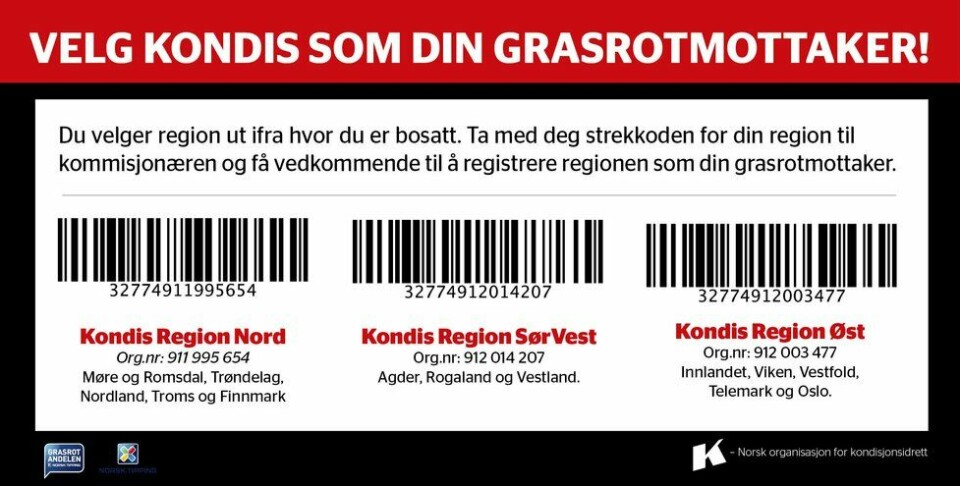 Du kan få tippekommisjonæren til å scanne strekkoden for din region og registrere den som din grasrotmottaker. Alternativt noterer du deg organisasjonsnummeret til din region og søker selv opp regionen som din grasrotmottaker på Norsk Tipping sine nettsider. Annonser for grasrotmottaker