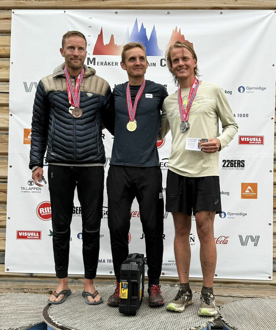 Årets medaljevinnere i herreklassen i NM terrengultra: 1. plass Anders Kjærevik 7.03.10, 2. plass Simen Hjalmar Wästlund 7.34.39 og 3. plass Ånung Viken 7.35.10.