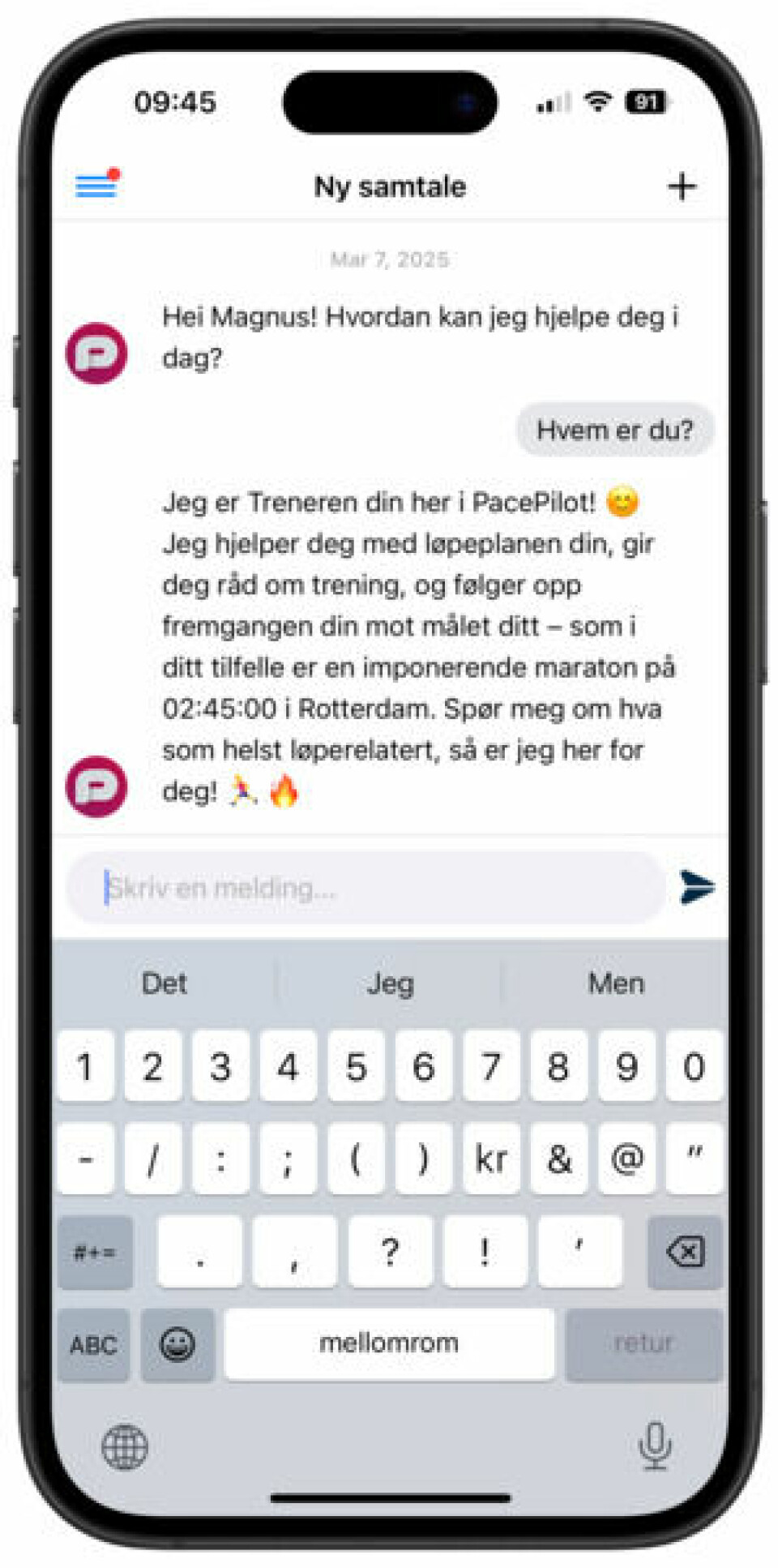 Chat: I appen kan brukeren chatte med sin digitale trener, som i dette tilfellet oppfordrer vedkommende til å spørre om hva som helst. (Illustrasjon: PacePilot) Skjermbilde fra en løpeapp brødrene Magnus og Fredrik Hasseleid har utviklet