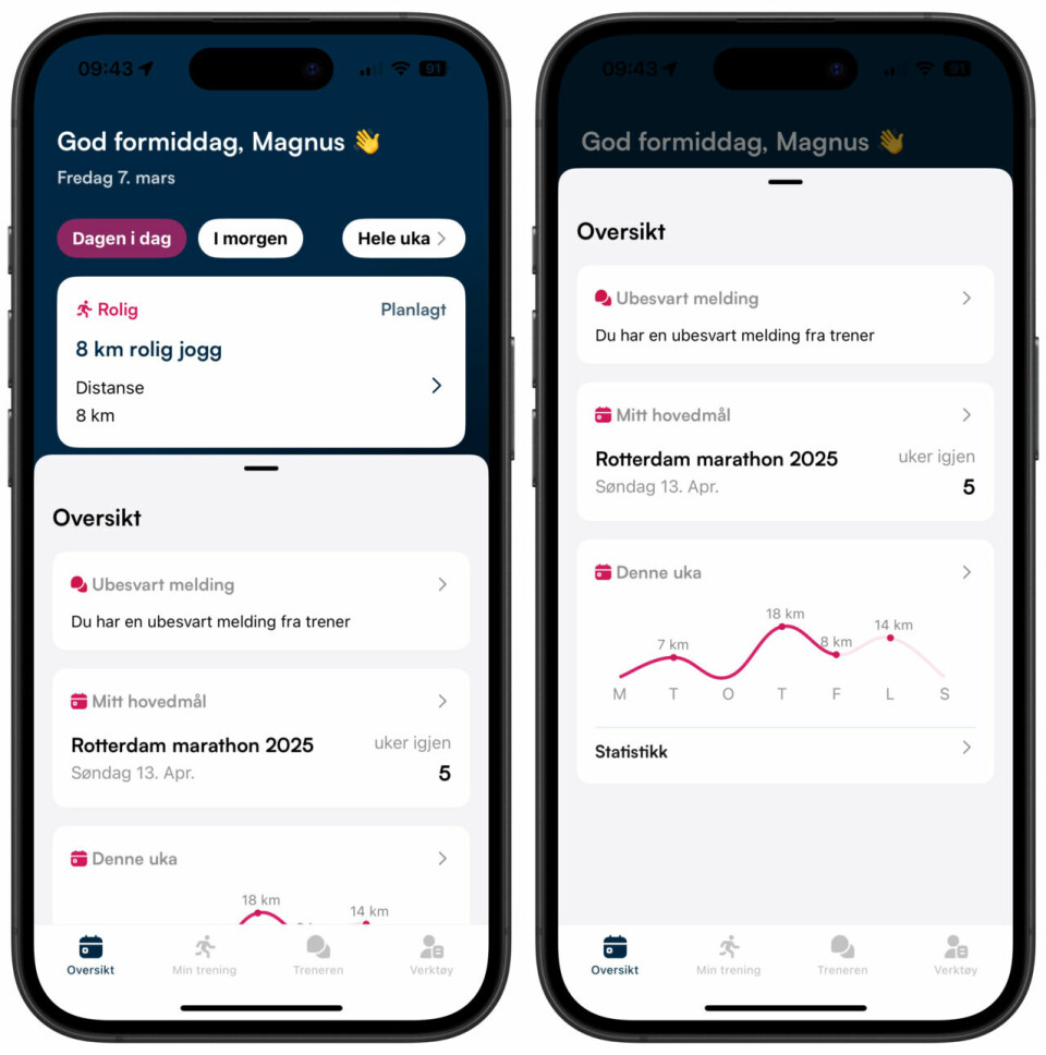 Oversikt: I appen får du både statistikk på tidligere treninger, meldinger fra «treneren» og oversikt over dagens økt eller økter. (Illustrasjon: PacePilot) Skjermbilde fra en løpeapp brødrene Magnus og Fredrik Hasseleid har utviklet