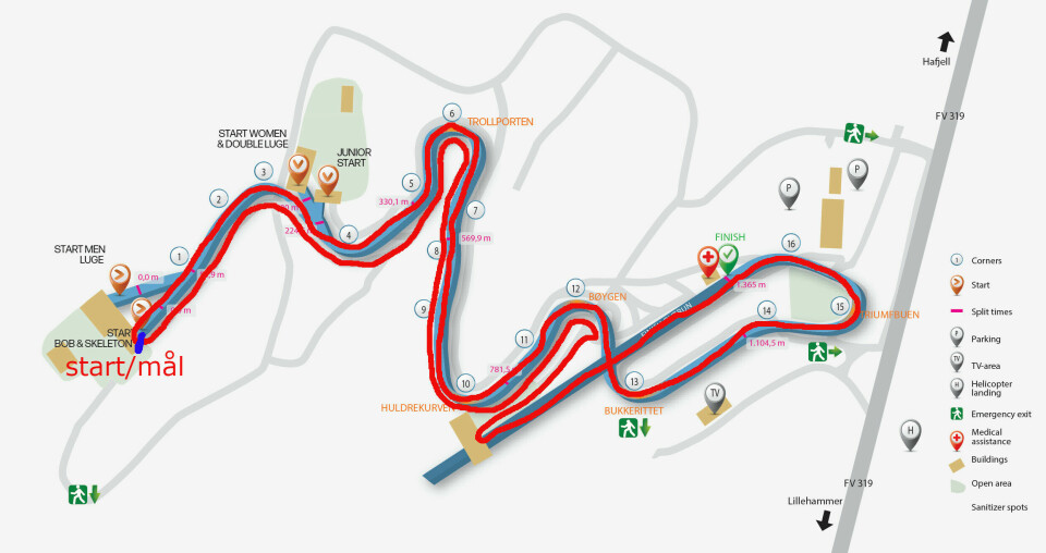 Det blir 10 og 50 km Bobbaneløp på Lillehammer 8.-9. september LOBA-banekart (1)