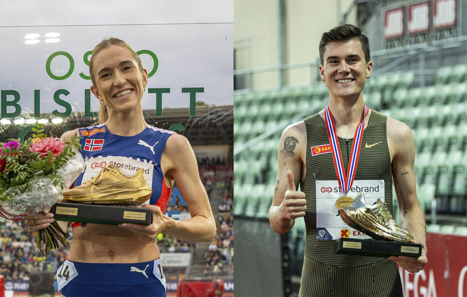 Karoline Bjerkeli Grøvdal og Jakob Ingebrigtsen har omtrent fast abonnement på Kondis' gullsko. De var Norges beste langdistanseløpere også i 2024. (Foto: Samuel Hafsahl) Karoline Bjerkeli Grøvdal og Jakob Ingebrigtsen har omtrent fast abonnement på Kondis' gullsko. De var Norges beste langdistanseløpere også i 2024. (Foto: Samuel Hafsahl)