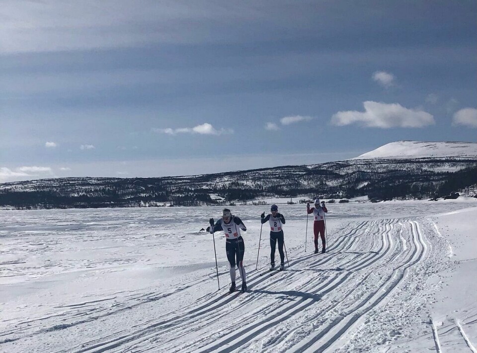 Fra rett etter starten på Narsjøen (fra v.) Pauline Sjøvold, Ragnhild Bolstad og Einar Femundshytten Nyvoll. (Foto: Marit Haugen) Fra rett etter starten på Narsjøen (fra v.) Pauline Sjøvold, Ragnhild Bolstad og Einar Femundshytten Nyvoll. (Foto: Marit Haugen)