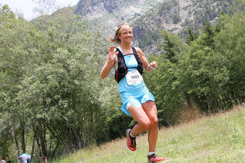 Emelie Forsberg under sitt gulløp i VM Skyrace 80 km innlagt i Mont Blanc Marathon i fjor sommer. (Foto: Runar Gilberg) Emelie Forsberg under sitt gulløp i VM Skyrace 80 km innlagt i Mont Blanc Marathon i fjor sommer. (Foto: Runar Gilberg)