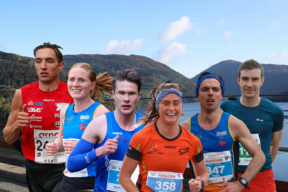 Trygve Feidje Mjelde, Lina Rivedal, Jarand Blom, Helena Hope, Tage Morken Augustson og Callum Smith er noen av de aller beste løperne i startfeltet på Sørfjorden halvmaraton. (Foto/montasje: Arne Dag Myking) Trygve Feidje Mjelde, Lina Rivedal, Jarand Blom, Helena Hope, Tage Morken Augustson og Callum Smith er noen av de aller beste løperne i startfeltet på Sørfjorden halvmaraton. (Foto/montasje: Arne Dag Myking)