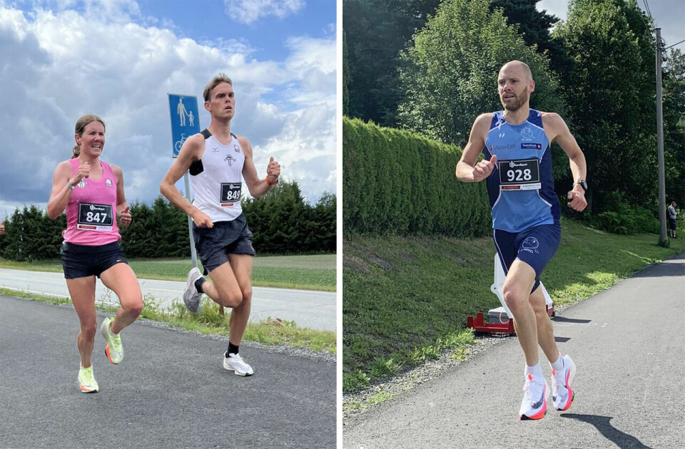 Vi ser vinner av herreklassen, Erik Fossen Nilsen, til høyre, mens raskeste dame, Maria Wågan, har selskap av samboer Petter Rypdal. (Foto: Rekordløpet) Vi ser vinner av herreklassen, Erik Fossen Nilsen, til høyre, mens raskeste dame, Maria Wågan, har selskap av samboer Petter Rypdal. (Foto: Rekordløpet)