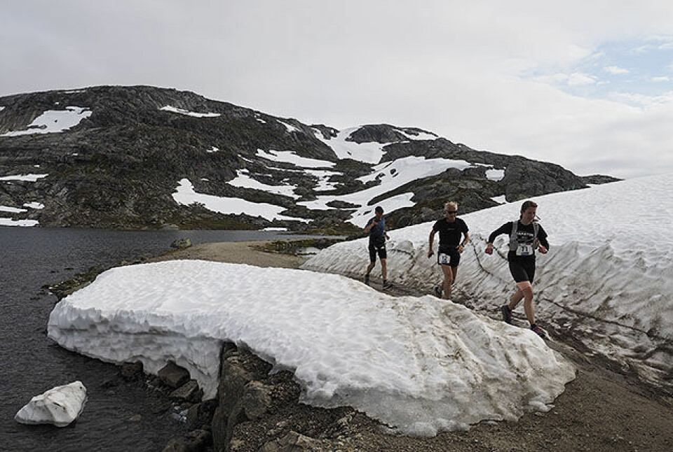 Det var ca. 15 snøfonner å forsere for de 62 som fullførte førsteetappen i Rallarvegsløpet. (Foto: Bjørn Johannessen) Det var ca. 15 snøfonner å forsere for de 62 som fullførte førsteetappen i Rallarvegsløpet. (Foto: Bjørn Johannessen)