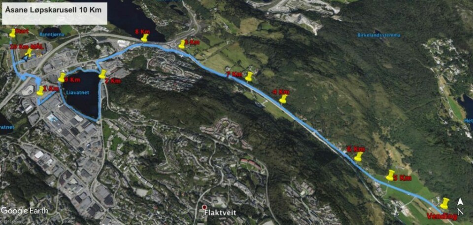 Klart for sesongens 9. løp i Åsane-karusellen 2. november Løypekart 10k.jpg