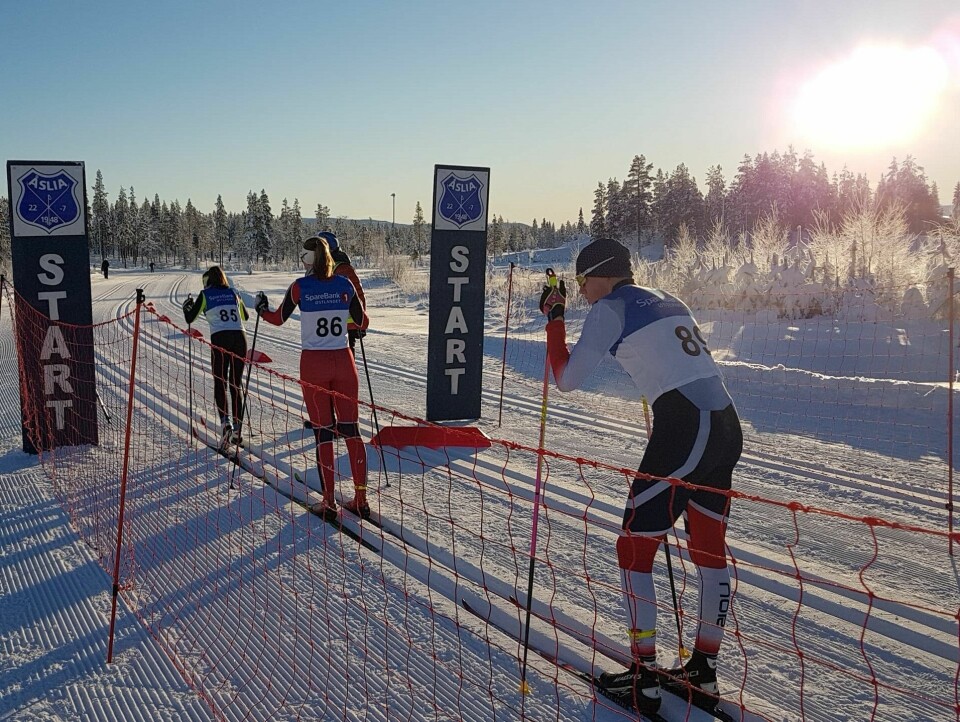 De to beste i J16 på start, Sara Hovde, MjøsSki (85) og Guro Schjølberg, Tynset IF (86). Bak venter Elfinn Borg Faldmo, Trysilgutten IL (89) som gikk inn til 2. plass i G 15 år. (Foto: Jan Olav Andersen/Åslia Skilag) De to beste i J16 på start, Sara Hovde, MjøsSki (85) og Guro Schjølberg, Tynset IF (86). Bak venter Elfinn Borg Faldmo, Trysilgutten IL (89) som gikk inn til 2. plass i G 15 år. (Foto: Jan Olav Andersen/Åslia Skilag)