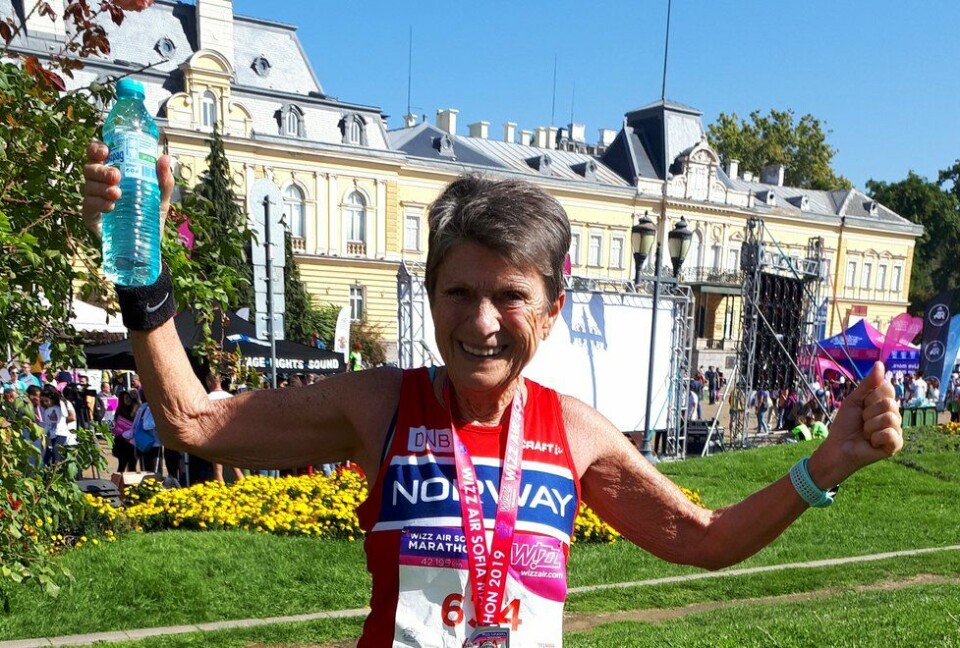 Vera Nystad etter at hun løp Sofia Marathon i 2019 på tida 3.38.50, nesten identisk med årets tid i Berlin. (Foto: Turid Veggeland) Vera Nystad etter at hun løp Sofia Marathon i 2019 på tida 3.38.50, nesten identisk med årets tid i Berlin. (Foto: Turid Veggeland)